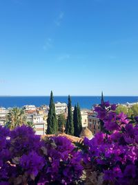 Panoramic view of sea and cityscape against clear blue sky