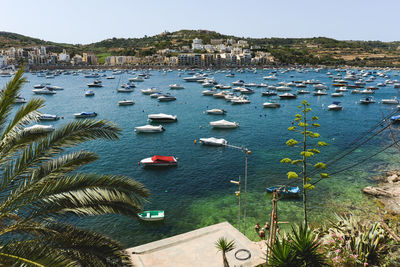 High angle view of boats moored in sea against clear sky