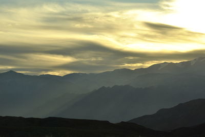 Scenic view of mountains against sky during sunset