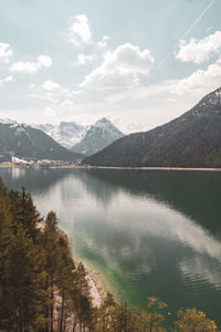 Scenic view of lake and mountains against sky