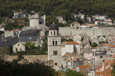 High angle view of old buildings in town