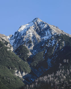 Low angle view of mountains against clear blue sky