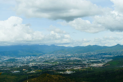 Aerial view of landscape and mountains against sky