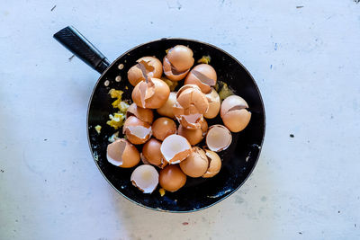 High angle view of eggs in bowl