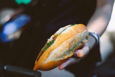 Midsection of woman holding hot dog