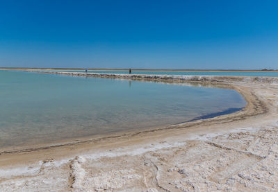 Scenic view of beach against clear blue sky