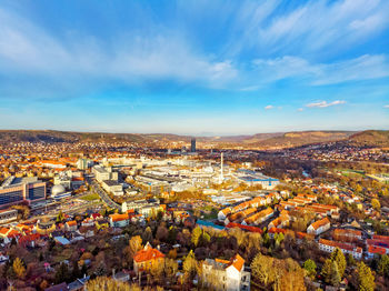 High angle shot of townscape against sky