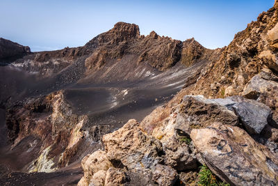 Aerial view of rock formations against sky