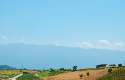 Scenic view of agricultural field against cloudy sky