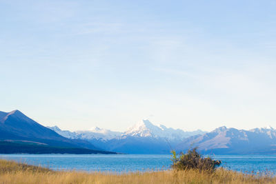 Scenic view of lake and mountains against sky