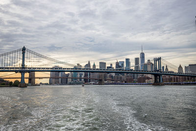 Bridge over river with buildings in background