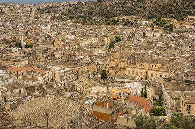 Aerial landscape of scicli with beautiful historic buildings in the baroque style