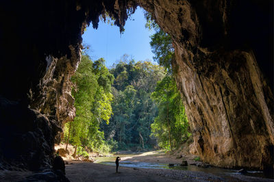 Woman standing in cave at forest