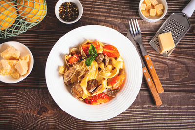 High angle view of food served on table