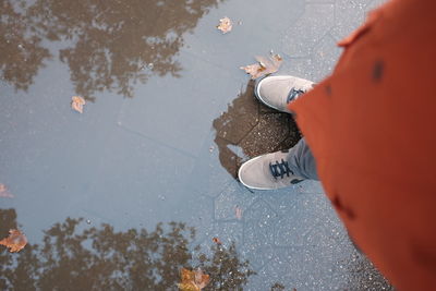 Low section of man standing on puddle