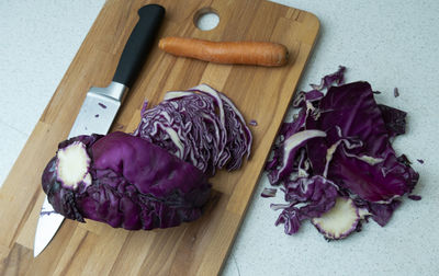 High angle view of chopped vegetables on cutting board