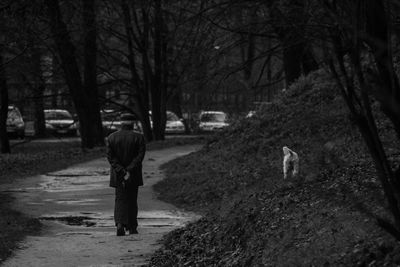 Rear view of man walking on footpath by hill