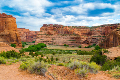 View of rock formation against cloudy sky