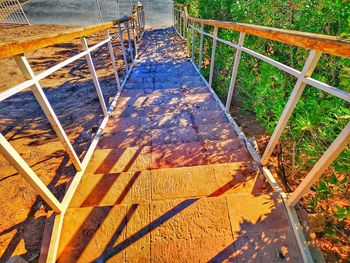 High angle view of metal fence by railing