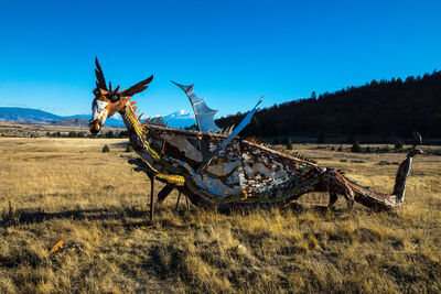 Dragon sculpture on field against sky