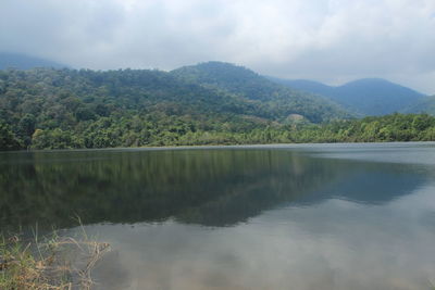 Scenic view of lake by trees against sky