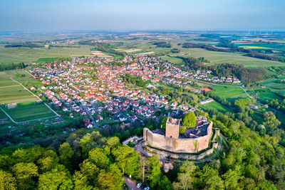 High angle view of trees and buildings against sky