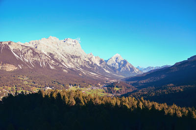 Scenic view of mountains against clear blue sky