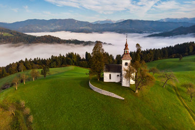 Panoramic view of trees and buildings against sky