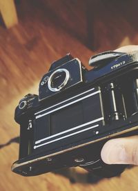 Close-up of camera on table