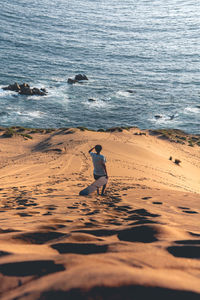 Rear view of man looking at sea shore