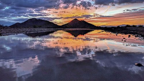 Scenic view of lake against sky during sunset