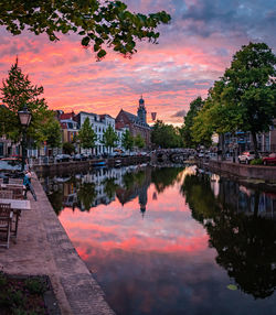 Reflection of buildings in lake at sunset