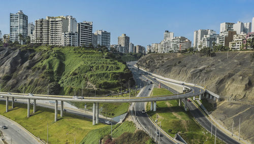 Aerial view of armendariz downhill, miraflores town and the costa verde reef in lima, peru.