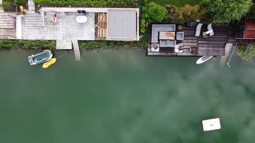 High angle view of swimming pool by building