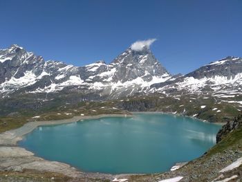 Scenic view of snowcapped mountains and lake against blue sky