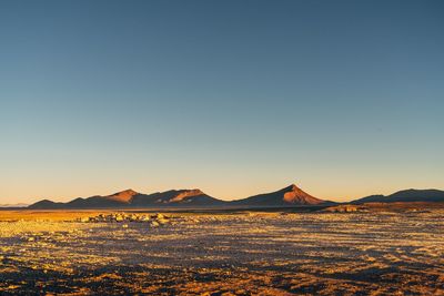 Scenic view of desert against clear sky during sunset