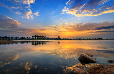 Scenic view of lake against sky during sunset