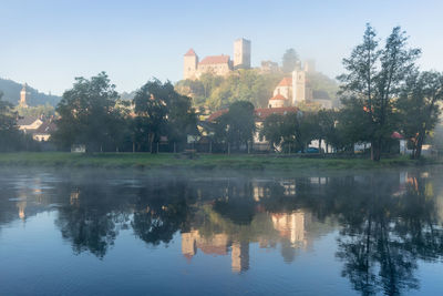 Reflection of trees in lake against sky in city
