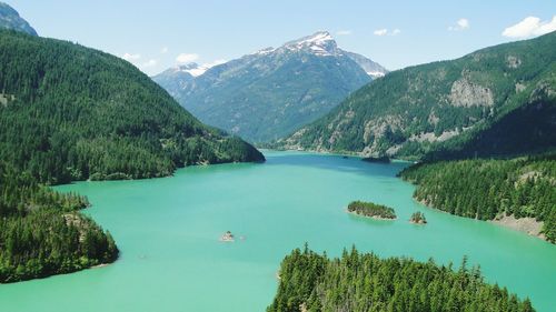 Scenic view of lake and mountains against sky