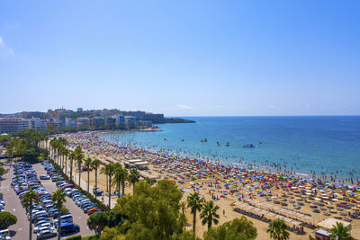 High angle view of beach against clear blue sky