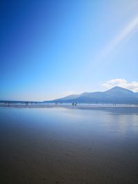 Scenic view of beach against blue sky