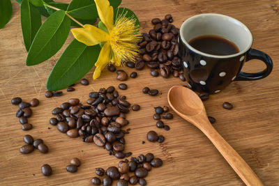 High angle view of coffee beans on table