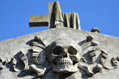 Low angle view of cross against clear blue sky