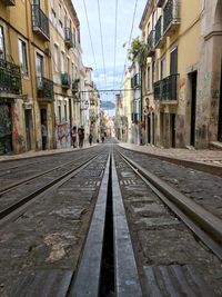 Surface level of railroad tracks amidst buildings in city