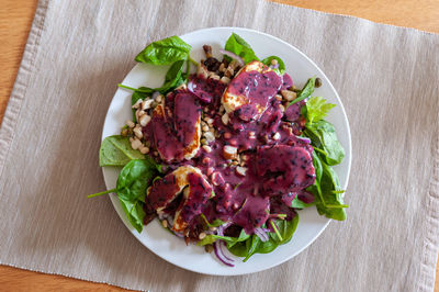 High angle view of meal served on table
