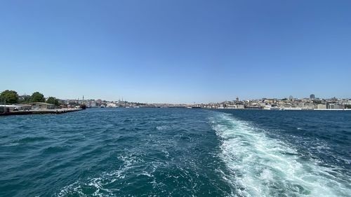 Scenic view of sea against clear blue sky