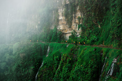 Trail by rock formation during foggy weather