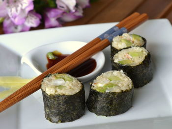 Close-up of sushi in plate