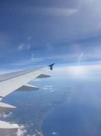 Aerial view of airplane flying in sky