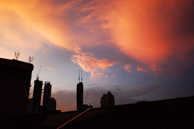 Silhouette buildings against cloudy sky at sunset